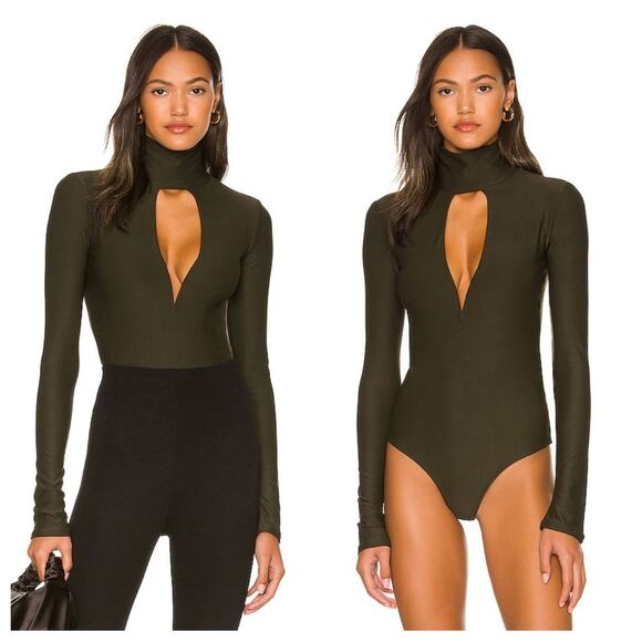 ALIX NYC | Women’s Hewlett Bodysuit Pine Green Turtleneck Open Plunge Deep V Top - Picture 1 of 10